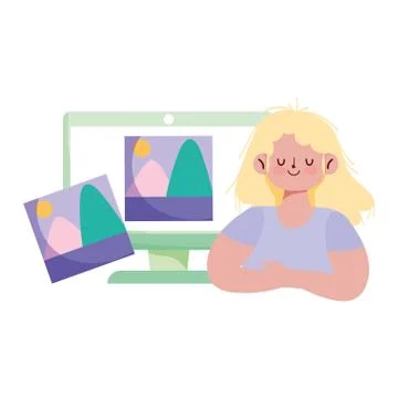 People creativity and technology,girl with computer photo gallery 스톡 일러스트
