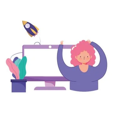 People creativity and technology,girl with computer idea innovation cartoon 스톡 일러스트