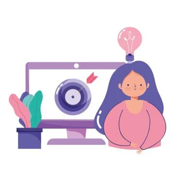 People creativity and technology,girl with computer target idea cartoon 스톡 일러스트