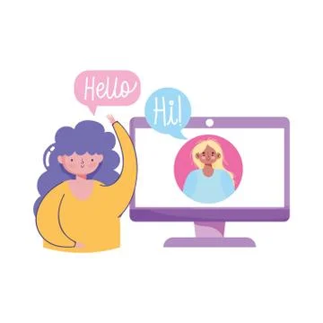 People creativity and technology,girls computer talking video call Stock Illustration