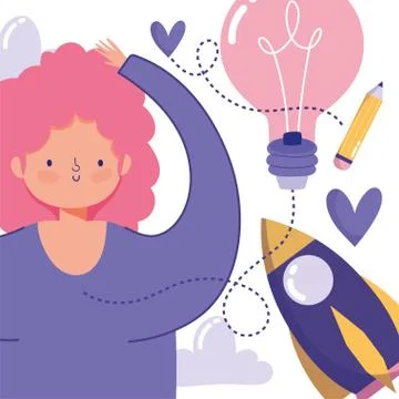 People creativity technology, girl rocket startup pencil and rocket Stock Illustration