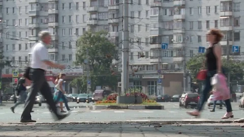 People cross the intersection. Crosswalk. Crowd Stock Footage 79391480