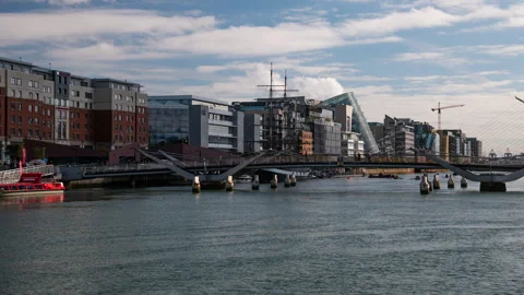 People cross the Millenium Pedestrian Bridge, Dublin Ireland, North Bank of 库存影片 320395447