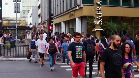 People crossing Augusta Street in Brazil Stock Footage