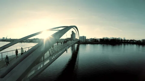People crossing bridge. fly over. lake pond river view 스톡 동영상 36173697