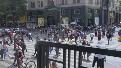 People Crossing Busy Intersection In Centro Historico, Mexico City Stock Footage 154668589