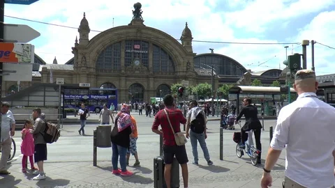 People Crossing Main Road Facing Frankfurt Main Central Station Stock Footage 78176053