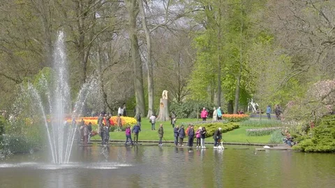 People crossing the small river in the middle of the park Stock Footage 76766338