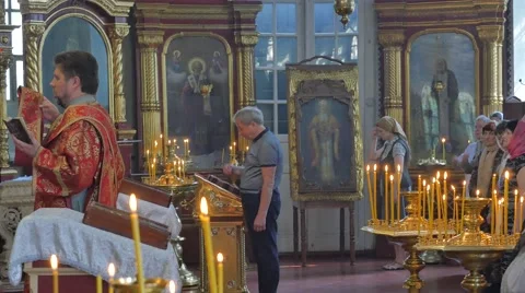 People Crossing Themselves Trinity Day Service Kiev Ukraine Priests Are Reading Stock Footage 64106953