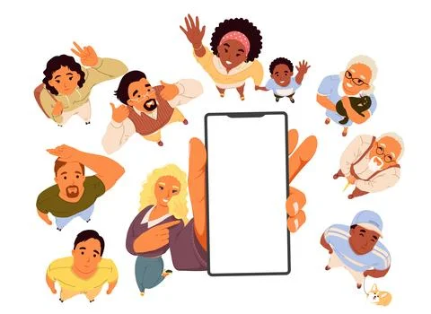 People crowd character looking up showing empty phone screen Stock Illustration