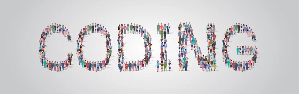 People crowd gathering in shape of coding word different occupation employees Stock Illustration