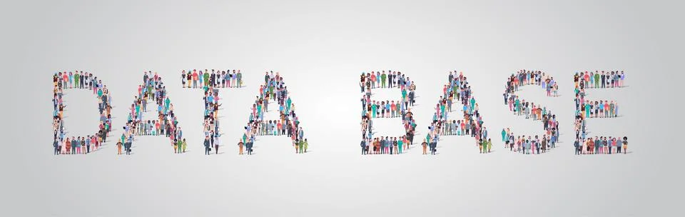 People crowd gathering in shape of data base word different occupation employees Illustrazione stock