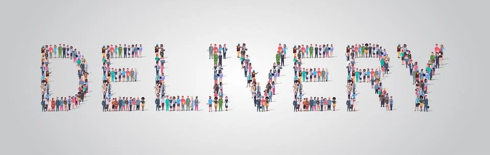 People crowd gathering in shape of delivery word different occupation employees イラスト素材