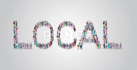 People crowd gathering in shape of local word different occupation employees mix Stock Illustration