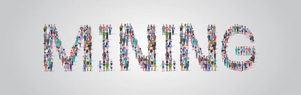 People crowd gathering in shape of mining word different occupation employees Stock Illustration