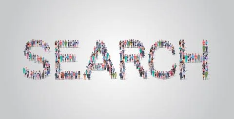 People crowd gathering in shape of search word different occupation employees Illustrazione stock