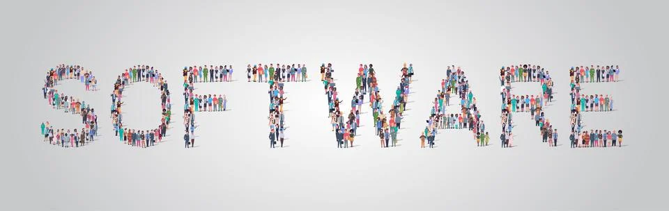 People crowd gathering in shape of software word different occupation employees Ilustração Stock