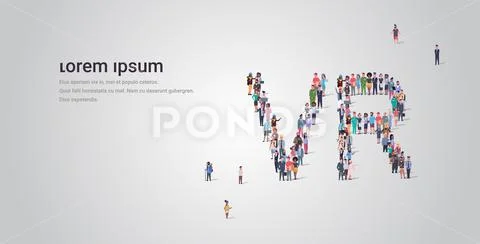 People crowd gathering in shape of VR word different occupation employees mix Stock Illustration