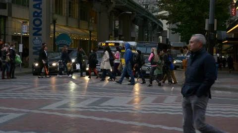 People, crowds walking on city street. Seattle, 4K, UHD Stock Footage