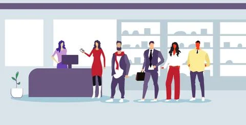 People customers standing line queue at cash desk with female cashier shopping Stockillustratie
