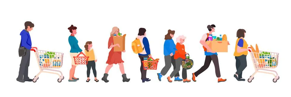 People customers with trolley carts standing line queue to cashier in retail Stock Illustration