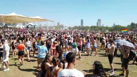 People dance during a performance of musicians in Yarkon Park Stock Footage 198181161