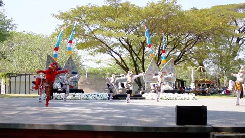 People dance performance of red monkey humans fight Stock Footage 280367606