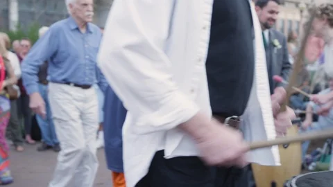 People dancing and drummers Drum circle held Friday evenings in Asheville, NC Stock Footage 103435245