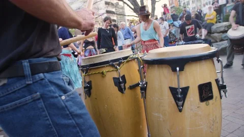 People dancing and drummers performing during the live street concert Stock Footage 103433241