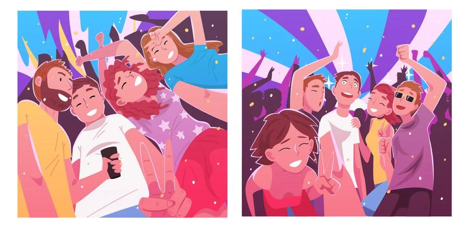 People Dancing and Making Selfie in Nightclub Set, Happy Men and Women Having Stock Illustration