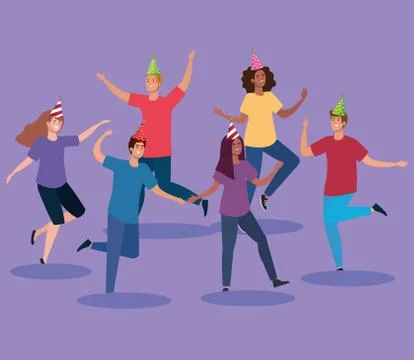 People dancing in circle with party hat vector design Illustrazione stock