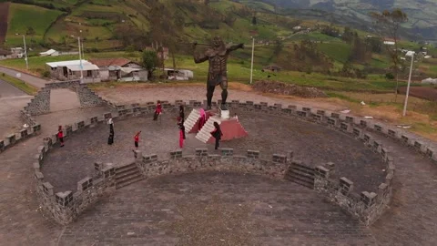 People dancing as devils as part of Diablada de Píllaro festival, aerial Stock Footage 251922939