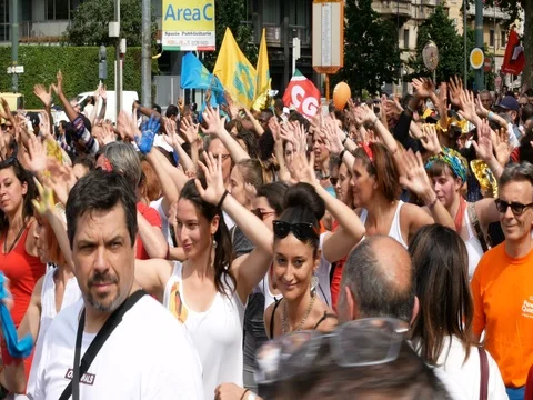 People dancing during demonstration in Milan, Italy Stock Footage 76079238