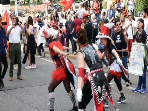People dancing during demonstration in Milan, Italy Stock Footage 76079814