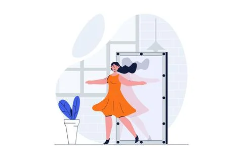 People dancing web concept with character scene. Woman enjoying dance in stud 스톡 일러스트