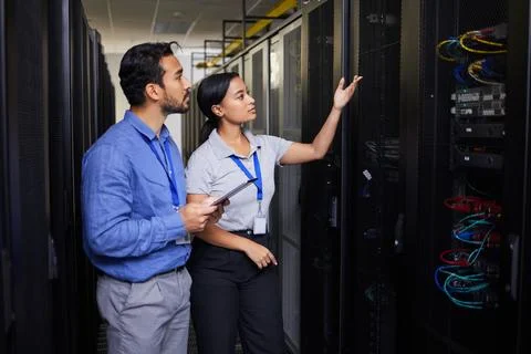 People, data center and engineering teamwork, inspection and cybersecurity Stock Photos