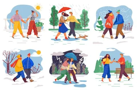 People on Dates in Winter, Summer and Autumn Set イラスト素材