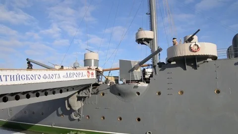 People on the deck of Cruiser Aurora in Saint-Petersburg. Russia Stock Footage 75428229