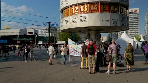 People demonstrating at Alexanderplatz Stock Footage 79900385
