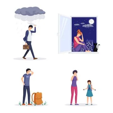 People in depression vector illustrations set. Angry man walking while raining Stock Illustration