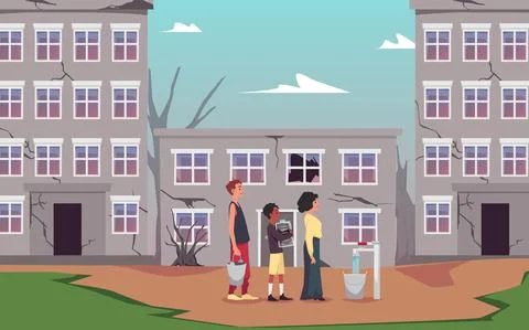 People in destroyed town waiting in queue for tap water, flat vector Stock Illustration