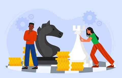 People develop business strategy. Man and woman near chess pieces and gold coins Stock Illustration
