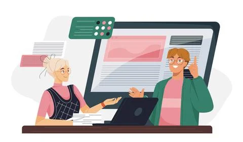 People develop website. Man and woman developing graphic elements for website Stock Illustration