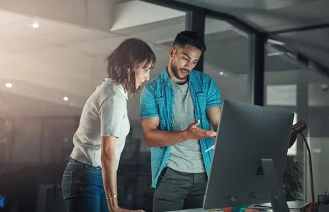 People, developer and reading in office with tablet, research and debugging.. Stock Photos