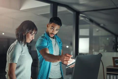 People, developer and reading in office with computer, research and testing.. Stock Photos