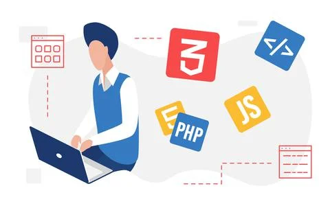 People developer create code, programming web language with icons, programmer Stockillustratie