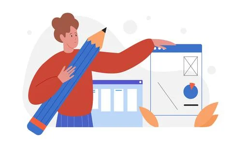 People developers working on app web development, man holding big pencil in hand Stock Illustration