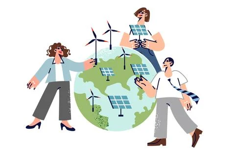 People developing alternative energy are installing windmills and solar panels Stock Illustration