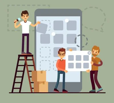 People developing cellphone ui design. Mobile phone app technology vector flat Stock Illustration