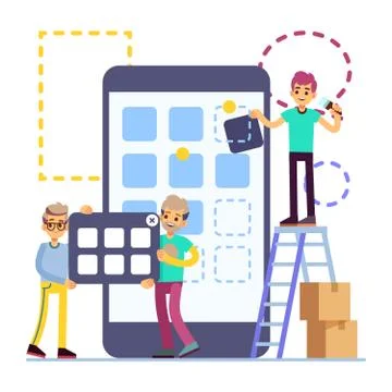 People developing cellphone ui design. Mobile phone app technology vector flat Stock Illustration